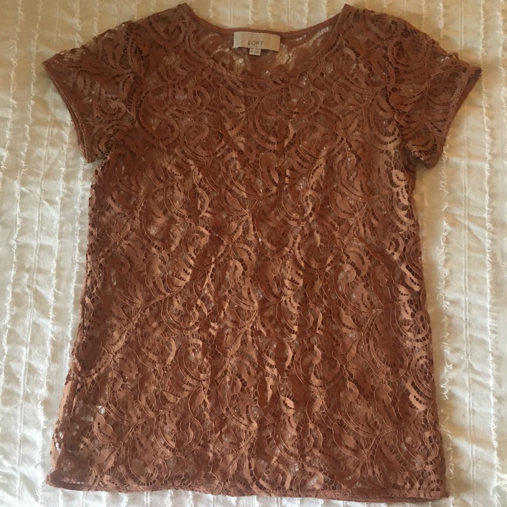 LOFT Sheer Lace Copper Short-Sleeved Top